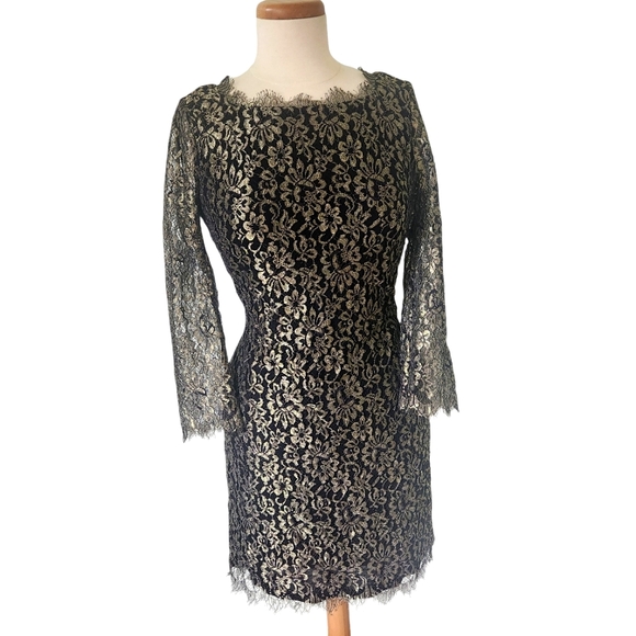Diane Von Furstenberg Dresses & Skirts - Diane Von Furstenberg DVF Zarita Dress Sz 10 Black Gold Lace Party Wedding